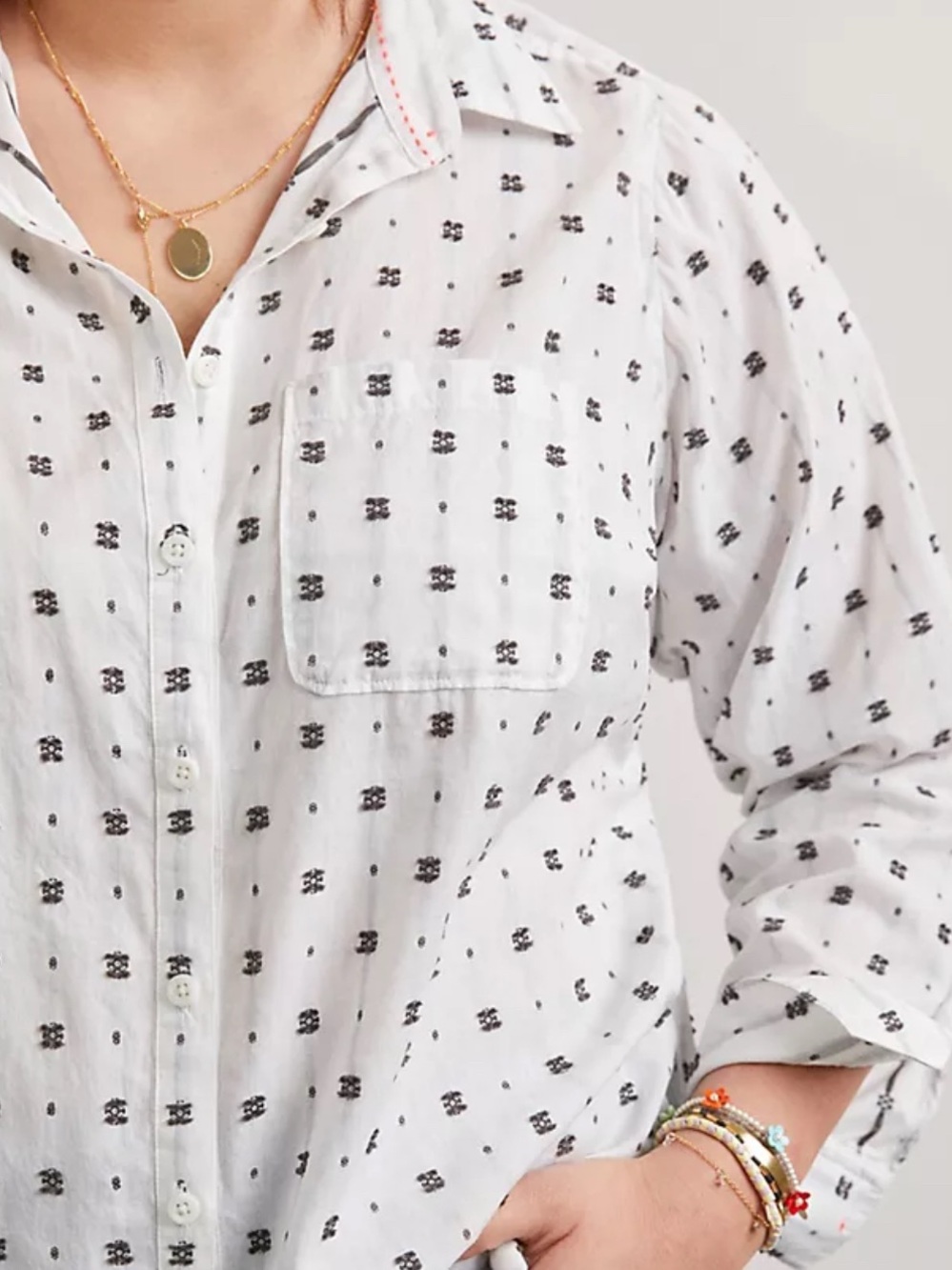 NEW Maeve by Anthropologie White Button-Up Shirt with Black Dot Print